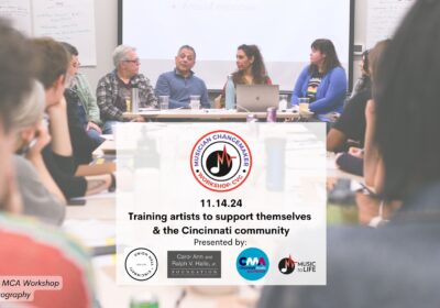 Group of people sitting around a table with a whiteboard in the background, Music to Life logo, Haile Foundation logo, Union Hall logo, Cincinnati Music Accelerator logo